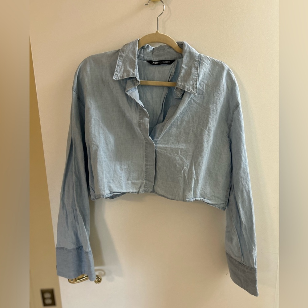 Zara Light Denim Open-Back Cropped Button Up Top